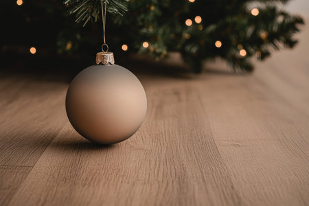A beautifully simple Christmas ornament dangles from a tree branch, casting a soft shadow on the warm wooden floor, creating a festive atmosphere.の素材
