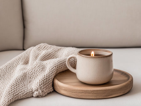 A warm ambiance is created with a lit candle resting in a ceramic cup on a wooden tray, complemented by a soft, neutral-colored knit blanket draped nearby.の素材