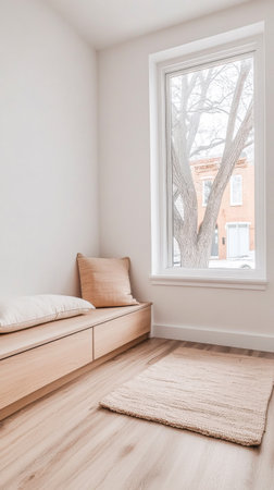 A simple and serene interior showcases a wooden bench with cushions, a soft rug on the floor, and a large window revealing a tree outside. The natural light enhances the calming atmosphere.の素材