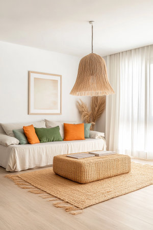 The living room showcases a stylish woven pendant light hanging above a cozy sofa adorned with colorful cushions. A natural fiber rug completes the inviting atmosphere.の素材