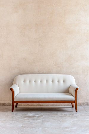 A stylish white sofa features wooden legs, placed neatly against a soft beige wall, creating a calm and modern atmosphere in a cozy living space.の素材