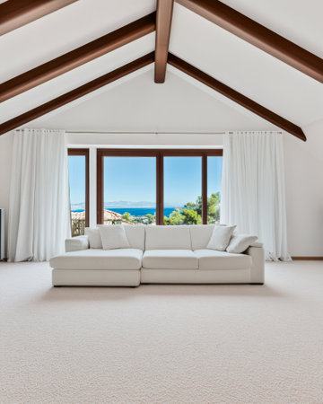 This spacious living room features a white sectional sofa under wooden beams, large windows showcasing a beautiful sea view, and soft curtains.の素材