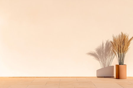 A serene indoor space features a plain beige wall complemented by stylish planters. Ornamental grass adds a touch of elegance and natural beauty to the setting during daylight.の素材