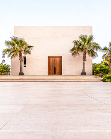 A minimalist building with a wooden door is highlighted by palm trees in a tranquil outdoor area, showcasing modern architectural design in bright daylight.の素材