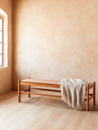 A wooden bench with a light-colored blanket draped over it rests against a warm, textured wall. Natural light fills the serene space, adding warmth.の素材