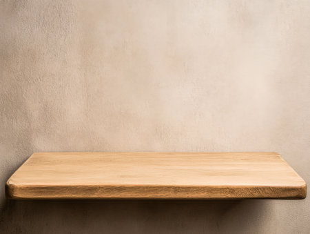 A clean, wooden shelf is mounted on a textured beige wall, emphasizing minimalist decor suitable for contemporary living spaces. The scene highlights simplicity and elegance.の素材