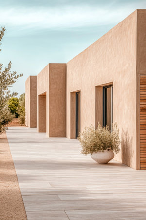 This modern villa showcases a minimalist architectural style surrounded by natural landscaping. The warm afternoon light enhances the serene atmosphere and earthy tones.の素材