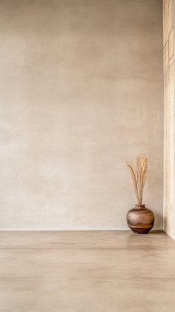 A serene interior showcases a minimalist design with a textured wall and a rustic vase containing dried plants, highlighting simplicity and elegance.の素材