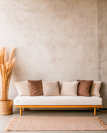 A cozy living area showcases a sleek sofa adorned with cushions in earthy tones, complemented by a textured rug and a tall decorative plant in a woven basket.の素材