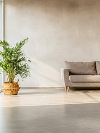 Bright natural light fills a spacious living room featuring a light gray modern sofa and a lush potted plant in a woven basket, creating a welcoming atmosphere.の素材