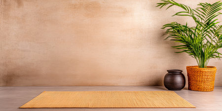 A calming indoor setting with a yoga mat laid out on the floor, surrounded by lush greenery in planters and decorative containers, ideal for mindfulness practices.の素材
