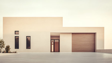 This striking minimalist house features large windows and a smooth facade, set against a tranquil outdoor landscape as the sun sets, creating a peaceful ambiance.の素材