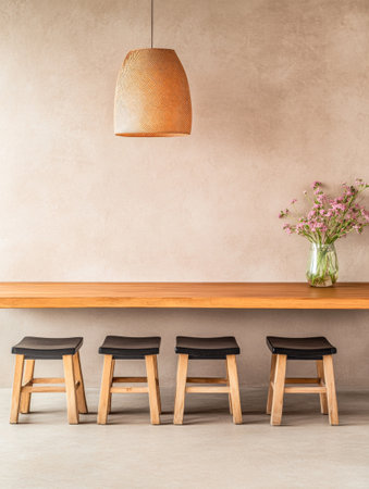 A stylish dining area features a long wooden table accompanied by four black stools beneath a woven pendant light, with a vase of flowers adding a touch of nature.の素材