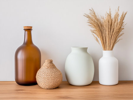 A collection of elegant vases, including a brown bottle, a woven gourd, and white and green ceramic pieces, is displayed on a wooden surface, enhancing the minimalistic decor.の素材