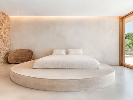 A spacious and minimalist bedroom showcases a circular raised bed against a natural stone wall. Large windows invite ample light and views of the green outdoor space.の素材