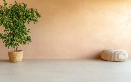 This indoor area showcases a vibrant potted plant beside a cozy woven pouf, creating a calming atmosphere with a neutral-colored wall.の素材