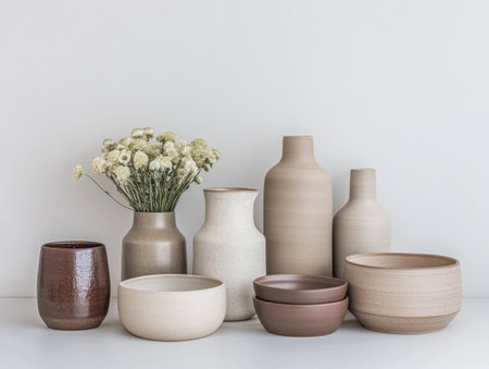 A collection of elegant ceramic vases and bowls in earthy tones is displayed against a minimalistic backdrop, featuring a small vase of white flowers.の素材