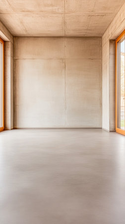 A spacious, minimalistic room features smooth concrete walls and wide wood-framed windows, allowing bright daylight to fill the area, creating an open atmosphere.の素材