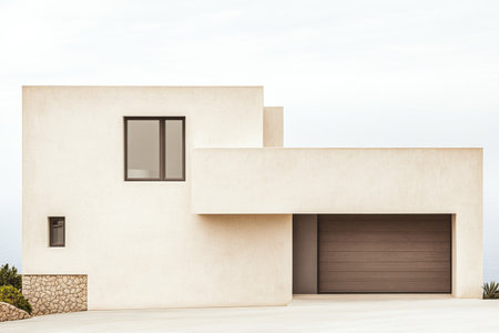 This contemporary residence features a simple design with a smooth exterior, large windows, and a spacious garage, blending harmoniously with its tranquil surroundings.の素材