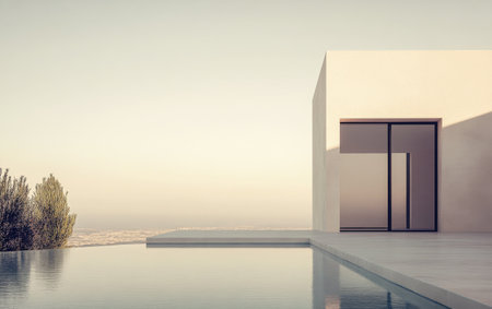 A sleek, minimalistic house features a serene infinity pool, providing stunning views of the surrounding landscape at dawn, capturing a tranquil moment.の素材