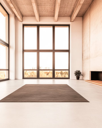 The spacious interior features large windows allowing ample natural light. A simple rug sits on the floor, complementing the minimalist design and neutral color palette.の素材