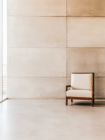 A spacious, minimalist interior showcases a light-colored chair positioned near a wall made of smooth concrete. Large windows enhance the airy feel with natural light.の素材