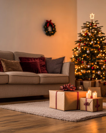 A cozy living room features a beautifully adorned Christmas tree illuminated with lights. Wrapped gifts sit on the floor beside candles, creating a warm festive atmosphere.の素材