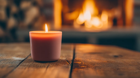 A soft candle flame illuminates a rustic table, creating a warm ambiance next to a crackling fireplace. The cozy environment invites relaxation and tranquility.の素材