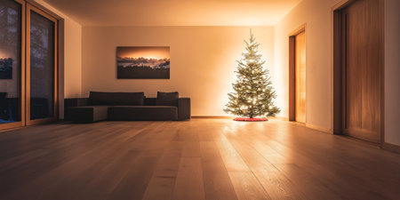 A modern living room is illuminated softly by a cozy Christmas tree, which stands adorned in the corner. The space features minimalist furniture and warm lighting, creating a festive ambiance.の素材