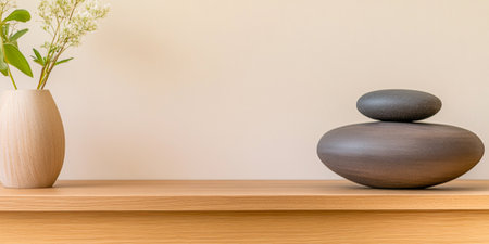 A simple yet elegant display featuring a wooden shelf with a rounded black stone, a smooth vase, and delicate flowers. The setting creates a calm and inviting atmosphere.の素材