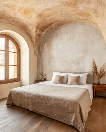 A serene bedroom showcases a large bed with neutral bedding and decorative pillows, surrounded by warm wooden accents and soft natural light streaming through an arched window.の素材