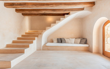 A spacious, modern interior showcases a clean staircase ascending alongside a cozy window seat adorned with cushions, illuminated by soft natural light, enhancing the inviting atmosphere.の素材