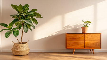 A bright room features a tall potted plant beside a wooden cabinet with clean lines. Sunlight casts gentle shadows, enhancing the serene atmosphere and natural elements present.の素材