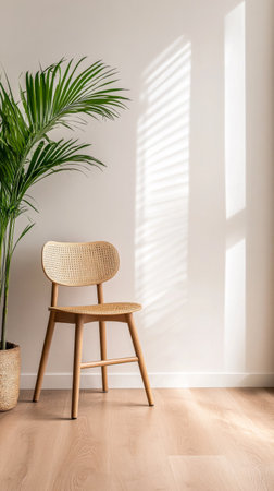 A wooden chair with a cane backrest sits beside a tall green plant. Sunlight streams through the window, casting soft shadows on the floor, creating a warm and inviting atmosphere.の素材