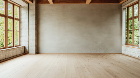 A vast, unoccupied room features large windows that allow ample natural light, showcasing wooden flooring and a minimalist design, perfect for various uses or future decoration.の素材