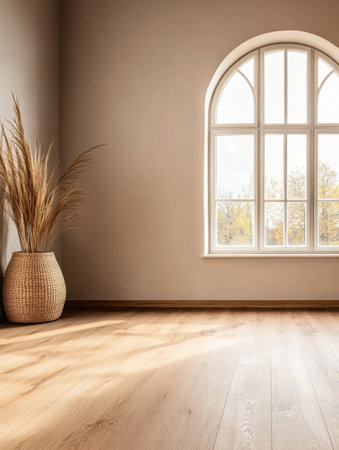 The interior features a spacious room with a large, arched window allowing natural light in. A stylish vase filled with dried plants adds a touch of decor to the wooden floor.の素材