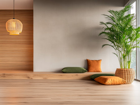 A spacious indoor area features a wooden seating platform adorned with colorful cushions and a tall potted plant, illuminated by soft natural light from large windows.の素材