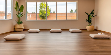The inner space features light wooden flooring and six floor cushions arranged neatly. Lush green plants in baskets adorn the corners, creating a serene atmosphere filled with natural light.の素材