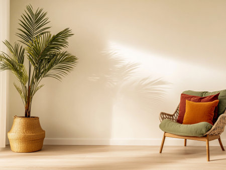 In a bright living room, a green chair with colorful cushions complements a tall potted palm. Sunlight casts gentle shadows on the wall, enhancing the inviting setting.の素材