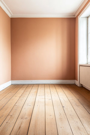 The room features peach-colored walls and polished wooden floors, illuminated by natural light streaming through a window. The space is entirely empty, offering a serene atmosphere.の素材
