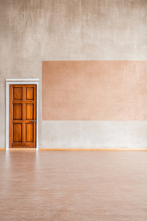 A spacious room is highlighted by a wooden door on one side and a large blank wall opposite it, showcasing a clean minimalist design with light wooden flooring.の素材