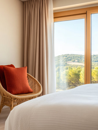 A bright bedroom features a comfortable chair adorned with a vibrant cushion, showcasing a stunning view of rolling hills and greenery through large windows, inviting natural light inside.の素材