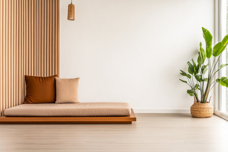 A cozy seating area showcases a simple, minimalist design with warm cushions and a vibrant green plant, creating a serene atmosphere in a well-lit, modern room.の素材