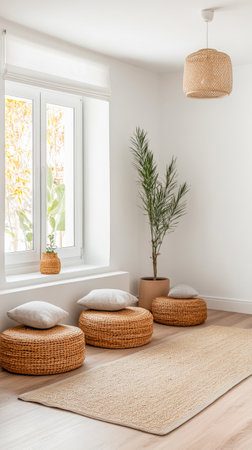 A serene living area showcases a light and airy aesthetic with woven seating, potted plants, and a soft rug. Natural light streams in through a window, enhancing the inviting atmosphere.の素材