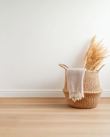 A stylish woven basket holds tall pampas grass, complemented by a soft blanket draped casually. This serene decor enhances the warm ambiance of the minimalist interior.の素材