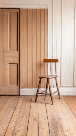 A simple wooden chair is positioned in an empty room featuring beige walls and wooden flooring. The sunlight filters in, creating a warm and inviting atmosphere.の素材