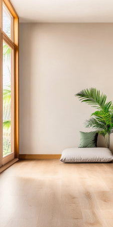 A tranquil interior space showcases a large window allowing natural light to fill the room. A potted palm rests beside a soft floor cushion, creating a peaceful atmosphere.の素材