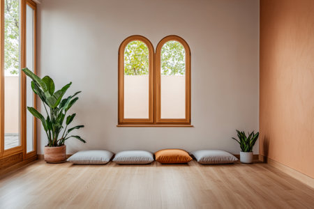 A cozy corner features a seating area with cushions against a wall, bathed in warm natural light from arched windows. Lush green plants enhance the inviting atmosphere of the room.の素材