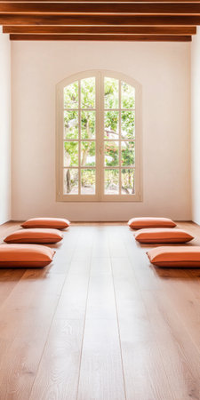 A calm meditation area features several orange cushions arranged neatly on a wooden floor, with large windows allowing soft natural light to illuminate the space and greenery outside.の素材