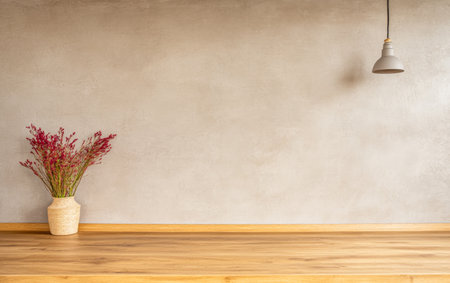 A cozy interior setting showcases a wooden table adorned with a vase filled with dried flowers, enhancing the space's minimalist charm under soft, warm lighting.の素材